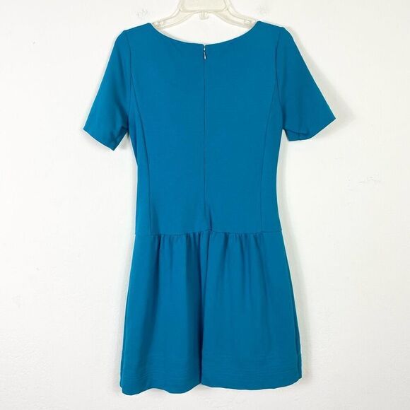 WHBM Teal Blue Ponte Pintucked Drop Waist Belted Short Sleeve Dress Size 4 - Picture 3 of 6